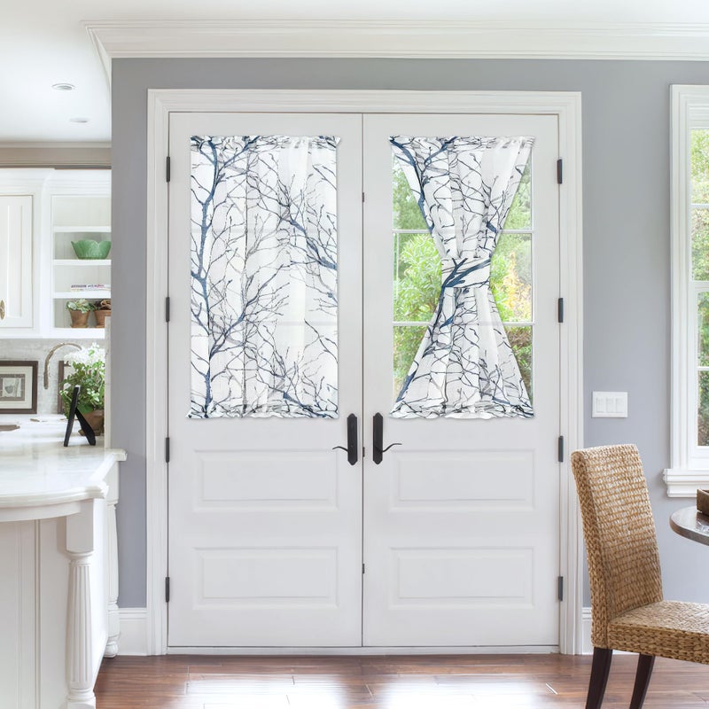 FMFUNCTEX Sheer French Door Curtains 40 Inch Long Blue White Semi-Sheer Patio Half Door Panel Branch Tree Print Curtains with 1 Tieback 50 Inch Wide 1 Panel - Image 2